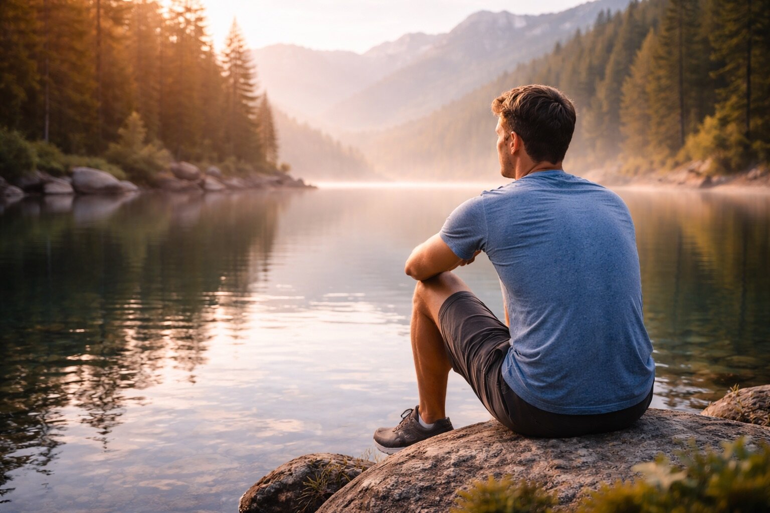 A man sitting on a rock by a calm mountain lake at sunrise