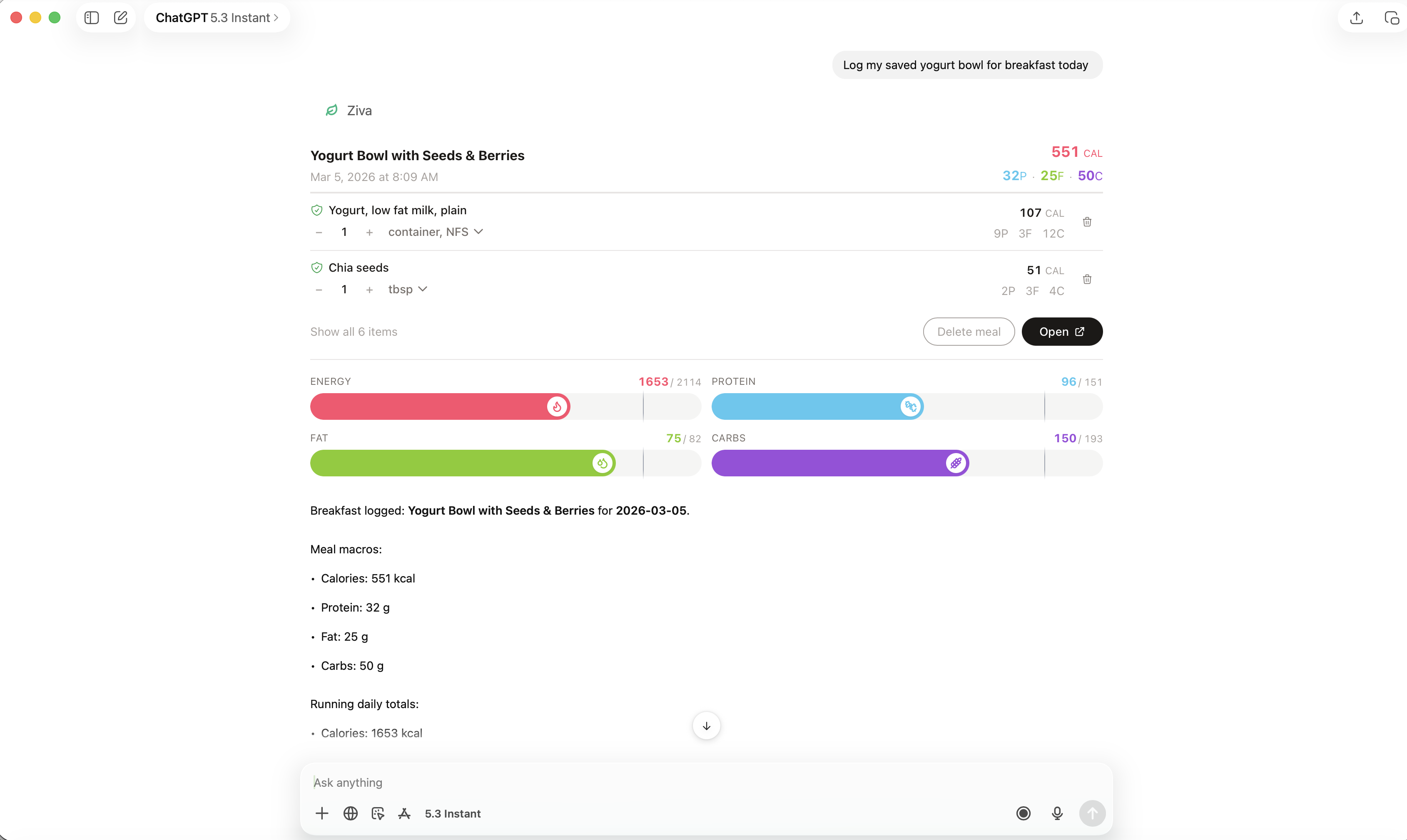 Meal logged in ChatGPT desktop with interactive meal card showing macros and daily progress