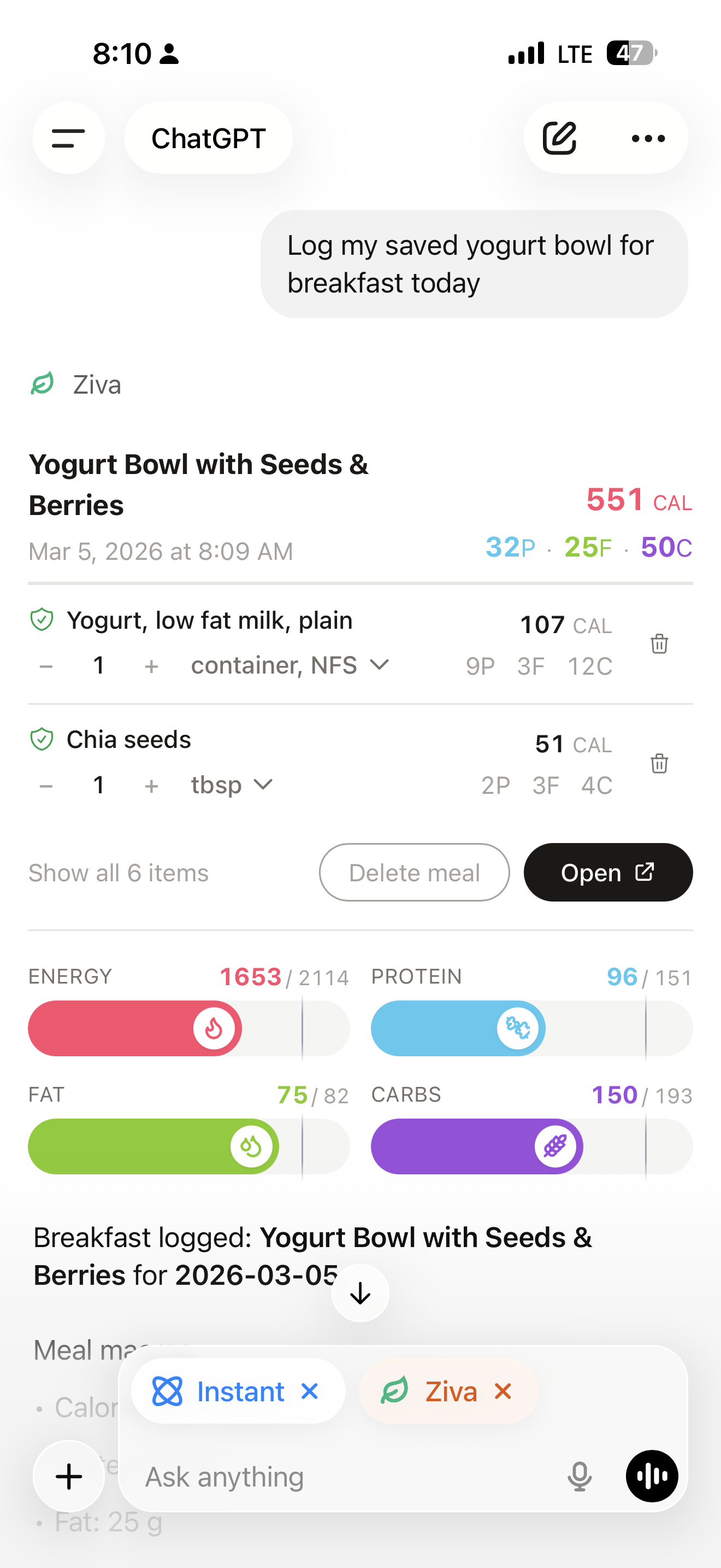 Meal logged in ChatGPT mobile with interactive meal card and daily macro progress