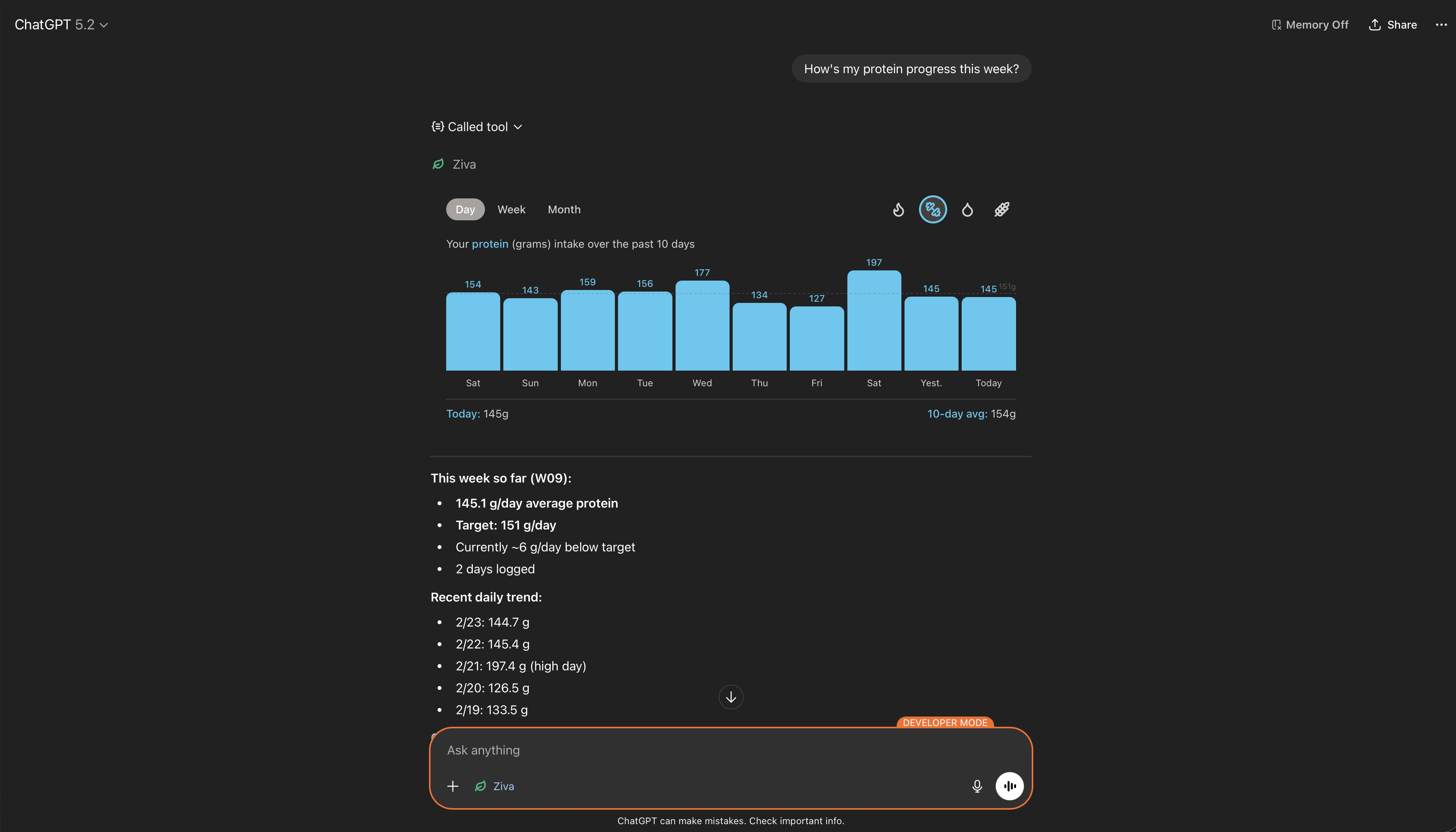 Protein insights chart in ChatGPT dark mode showing daily intake over the past 10 days