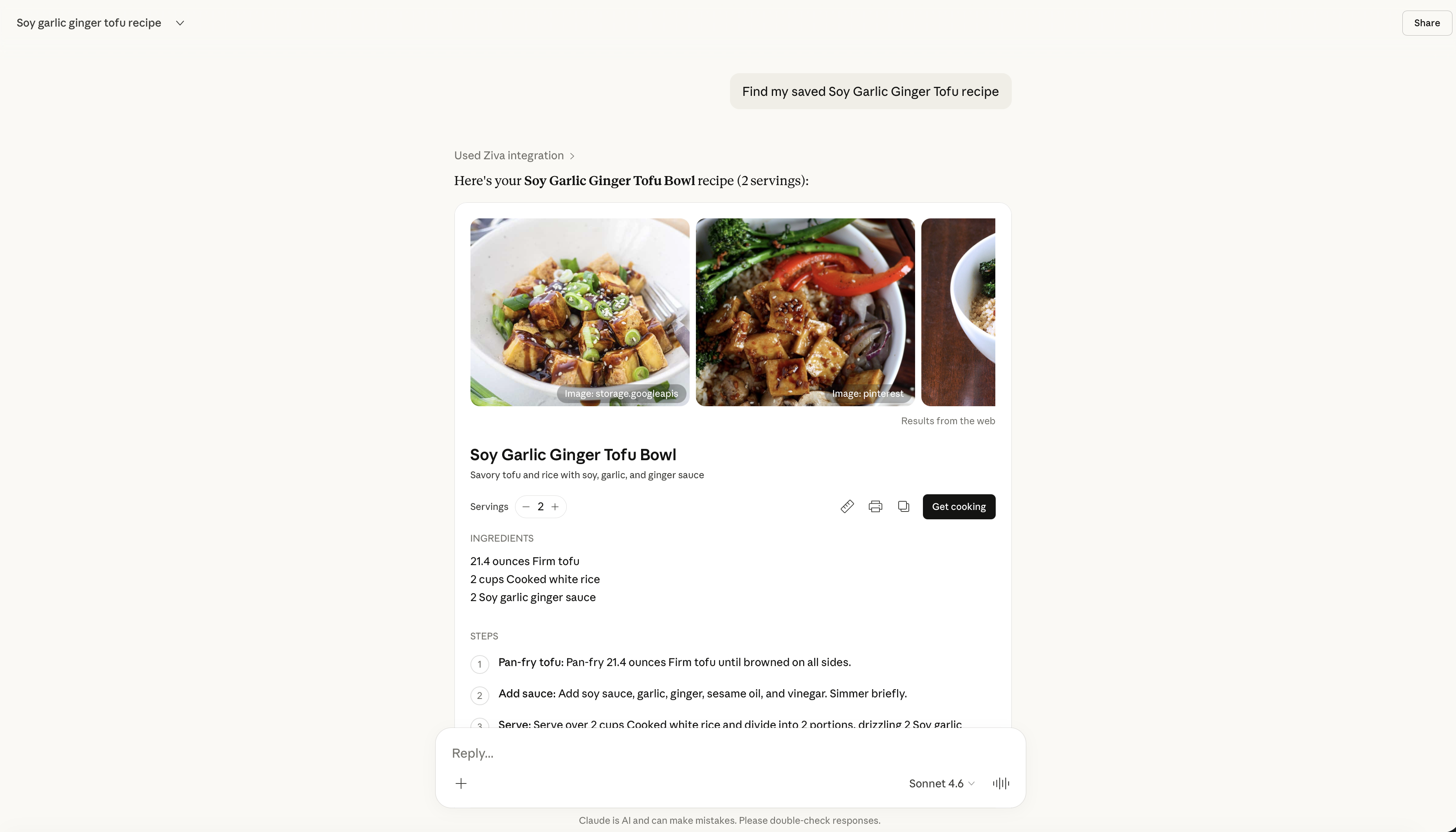 Saved Soy Garlic Ginger Tofu Bowl recipe displayed in Claude with ingredients and steps