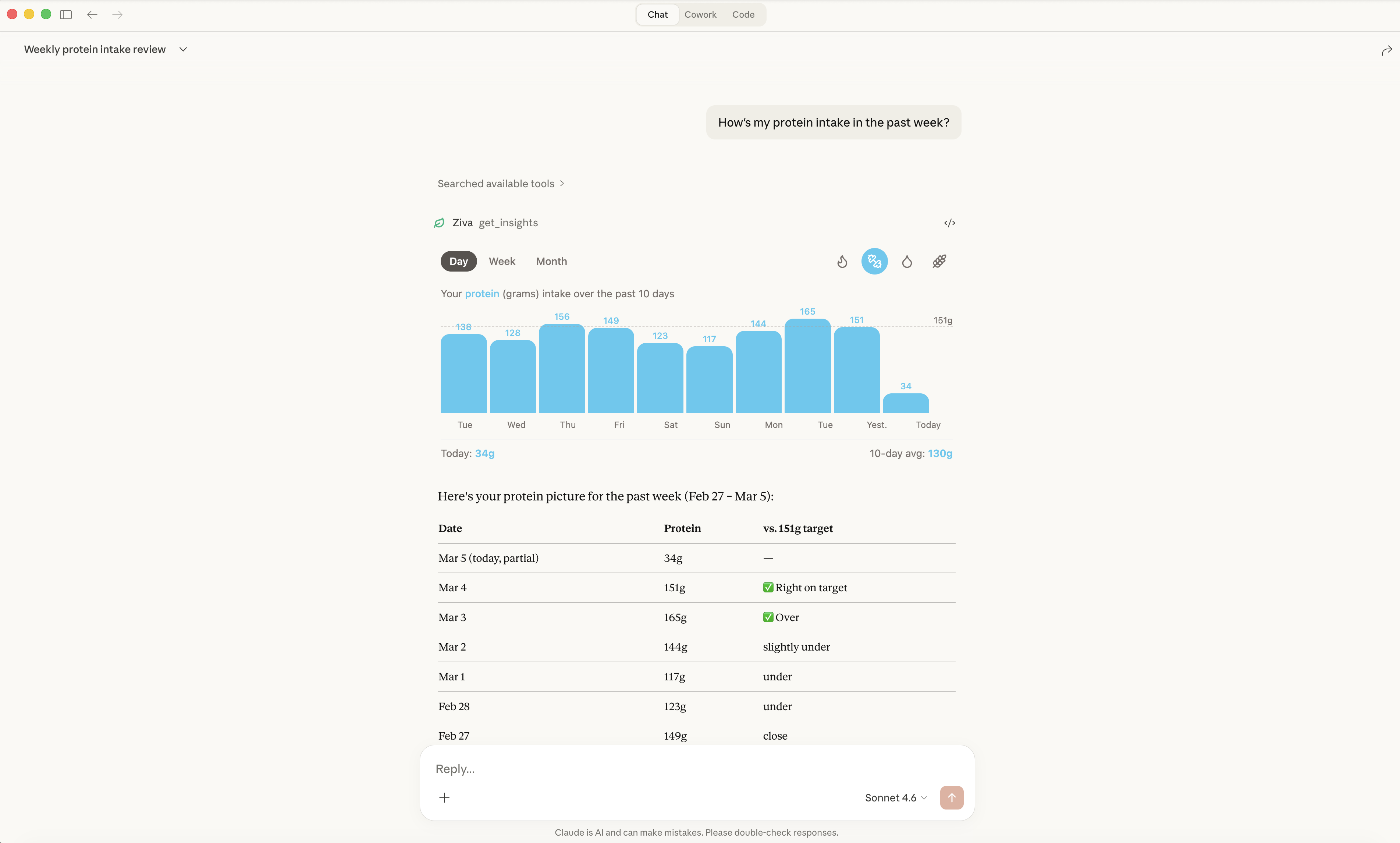 Weekly protein intake insights in Claude with bar chart, daily totals, and target comparison